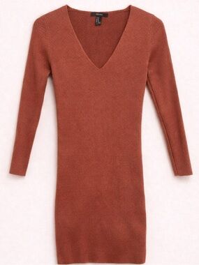 Forever 21 Bodycon Mini Dress S Ribbed V Neck Long Sleeve Rust